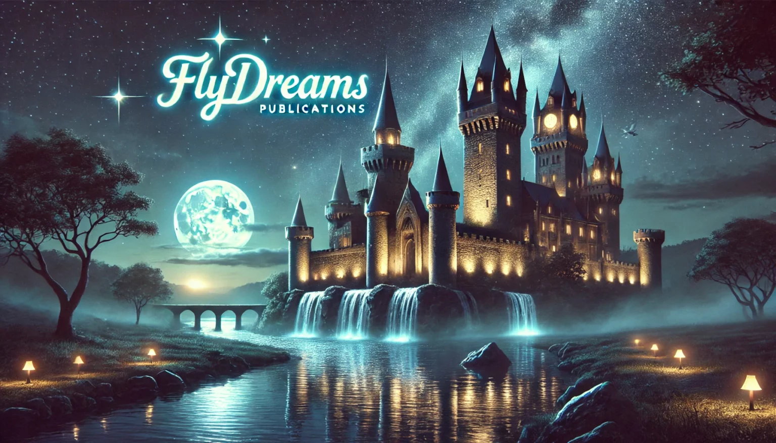 DALL·E 2024-10-19 13.41.30 - A magical nighttime scene of a majestic castle with tall towers and stone walls. The castle is illuminated by soft, glowing lights, casting reflection